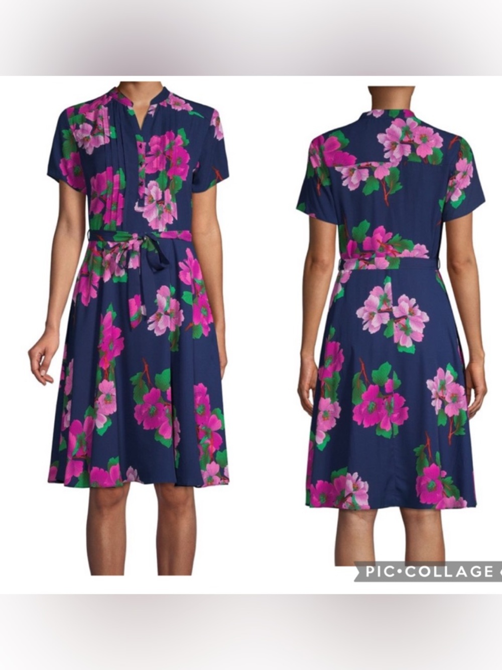 Nanette Lepore Floral Shirtdress Midi Navy Fuchsia Pink Pleated Front Size 6 - Picture 9 of 10